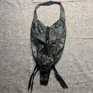 Black Studded Leather Halter Bodysuit